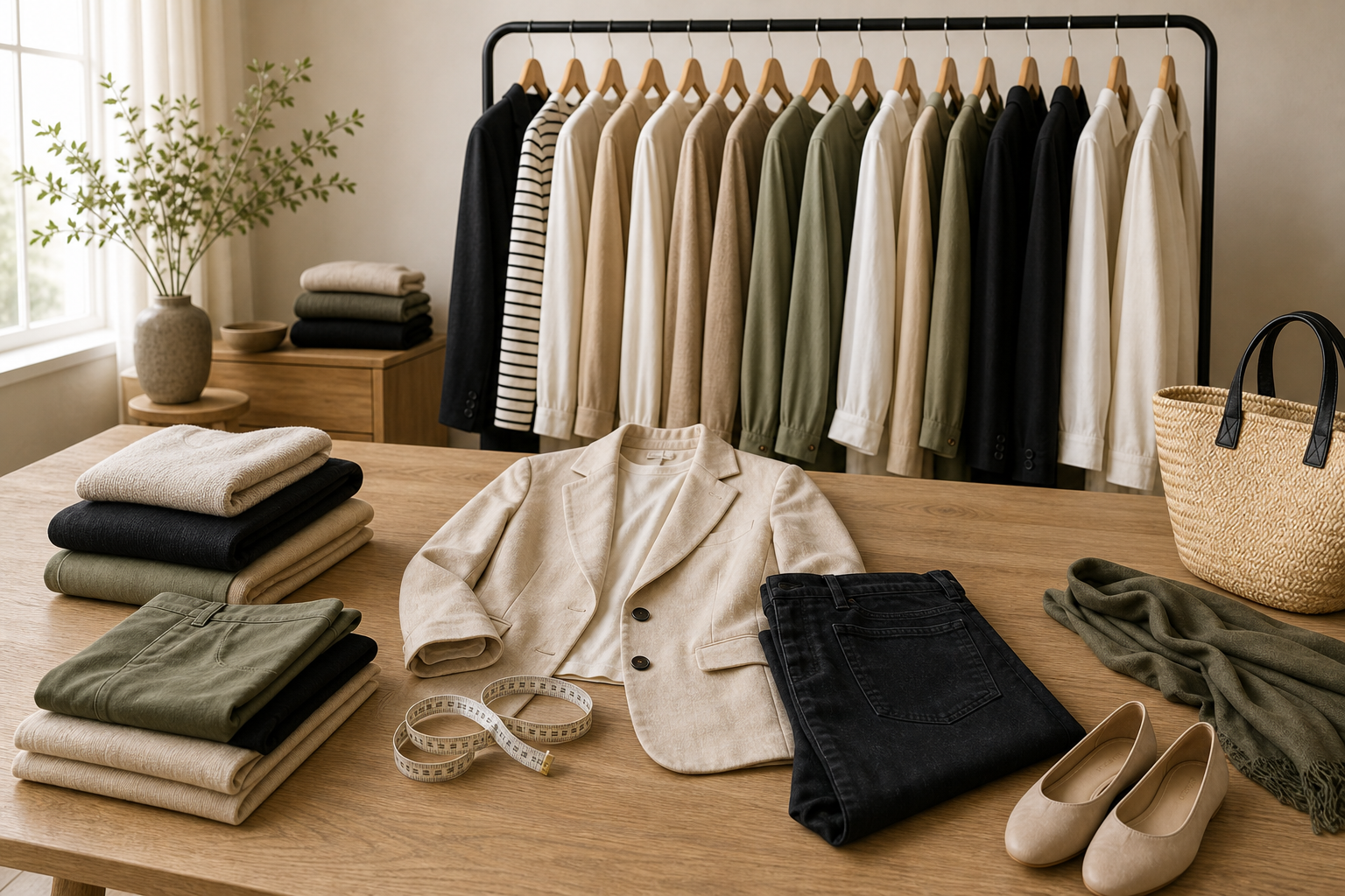 Kledingrek met dameskleding, outfits op tafel en meetlint